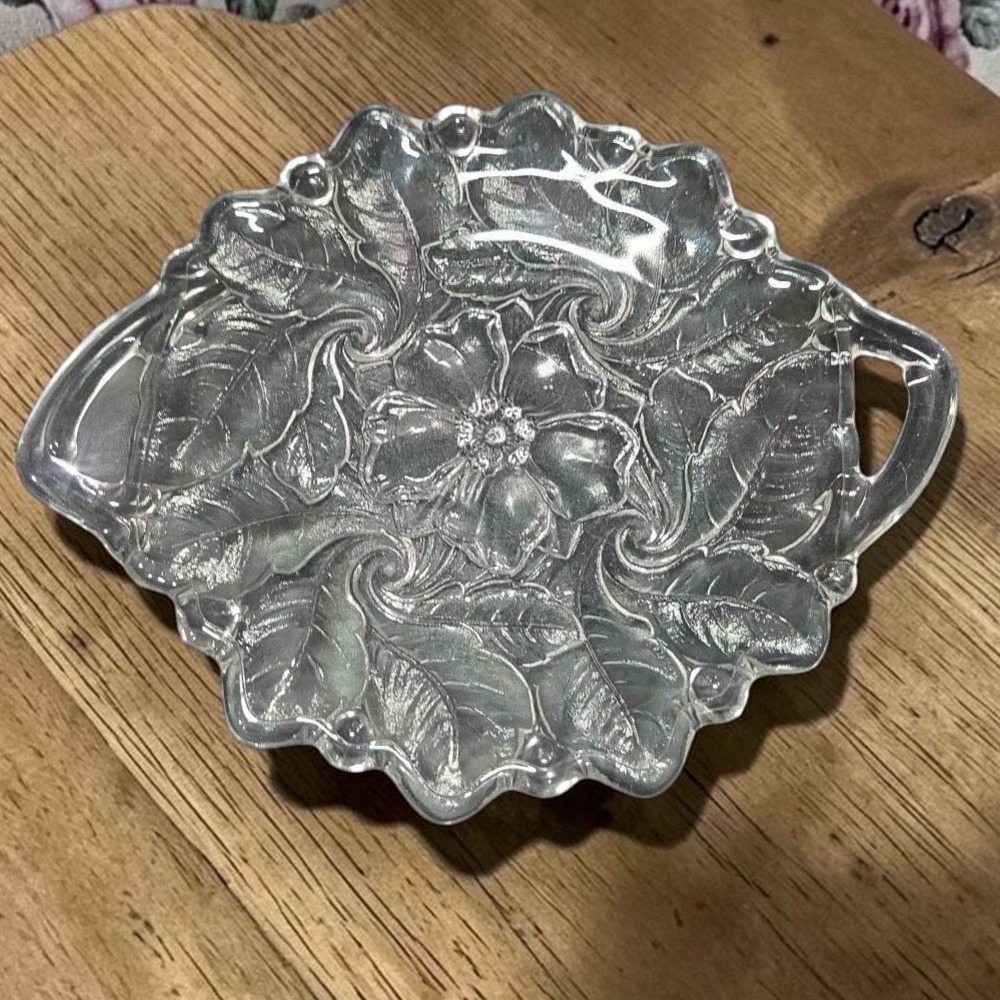 Indiana Glass Handled Serving Tray, Vtg Embossed Wild‎ Roses Design, Centerpiece